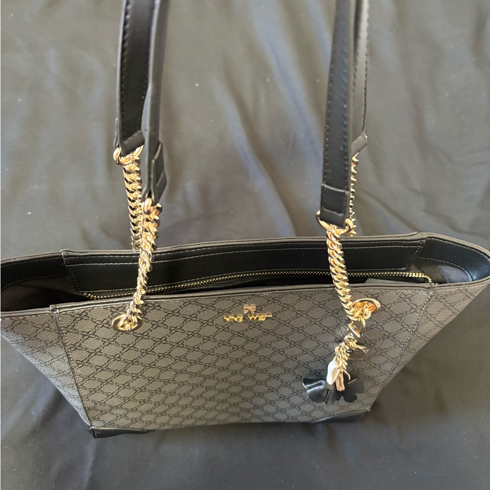 Designer-Style Black Tote Bag with Gold Chain Accents
